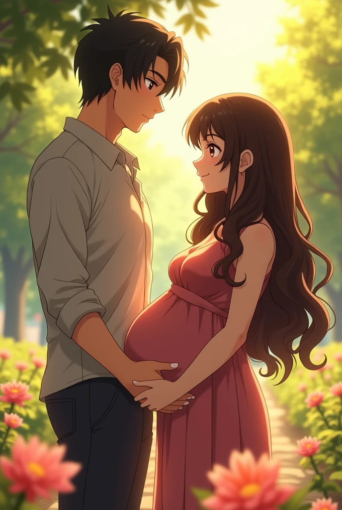 An anime man with black hair and dark maroon Eyes and he is standing with his pregnant wife who is an anime woman with long middle brunette hair and dark brown eyes 