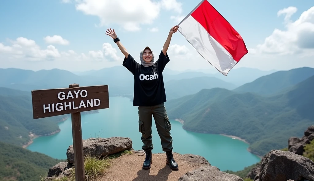 Professional photography of a Korean woman wearing a hijab, a loose black t-shirt that reads "Ocah" cargo trousers, boots, standing on top of a mountain, waving an Indonesian flag, surrounded by rocky terrain with a view of the lake below. A sign reads "GAYO HIGHLAND", a partly cloudy sky adds to the background of the scene, as he smiles at the camera.