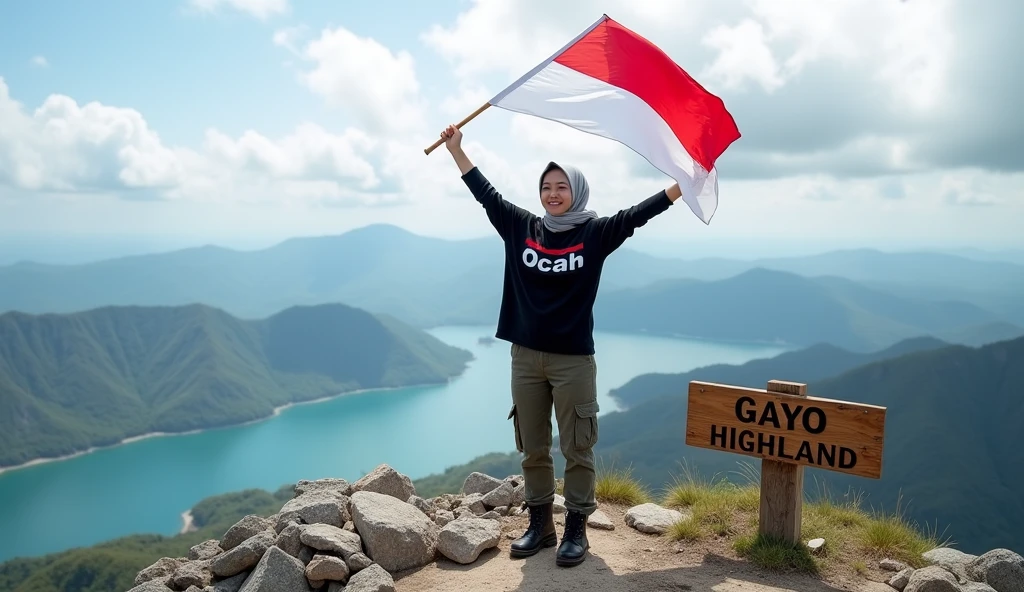 Professional photography of a Korean woman wearing a hijab, a loose black t-shirt that reads "Ocah" cargo trousers, boots, standing on top of a mountain, waving an Indonesian flag, surrounded by rocky terrain with a view of the lake below. A sign reads "GAYO HIGHLAND", a partly cloudy sky adds to the background of the scene, as he smiles at the camera.
