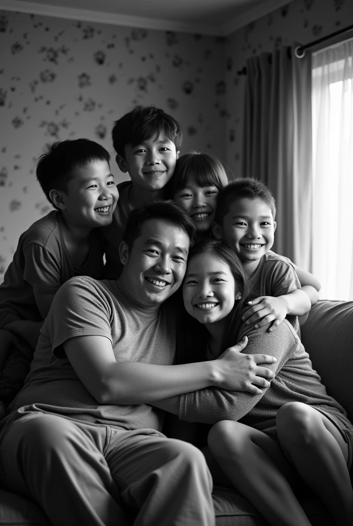 A low-income family enjoying a moment together in black and white, that generates a deep feeling that makes you feel that those are the most valuable moments of life.
I want the family to be made up of 4 brothers (3 men and a woman) a mother and a father and that the children are not so children