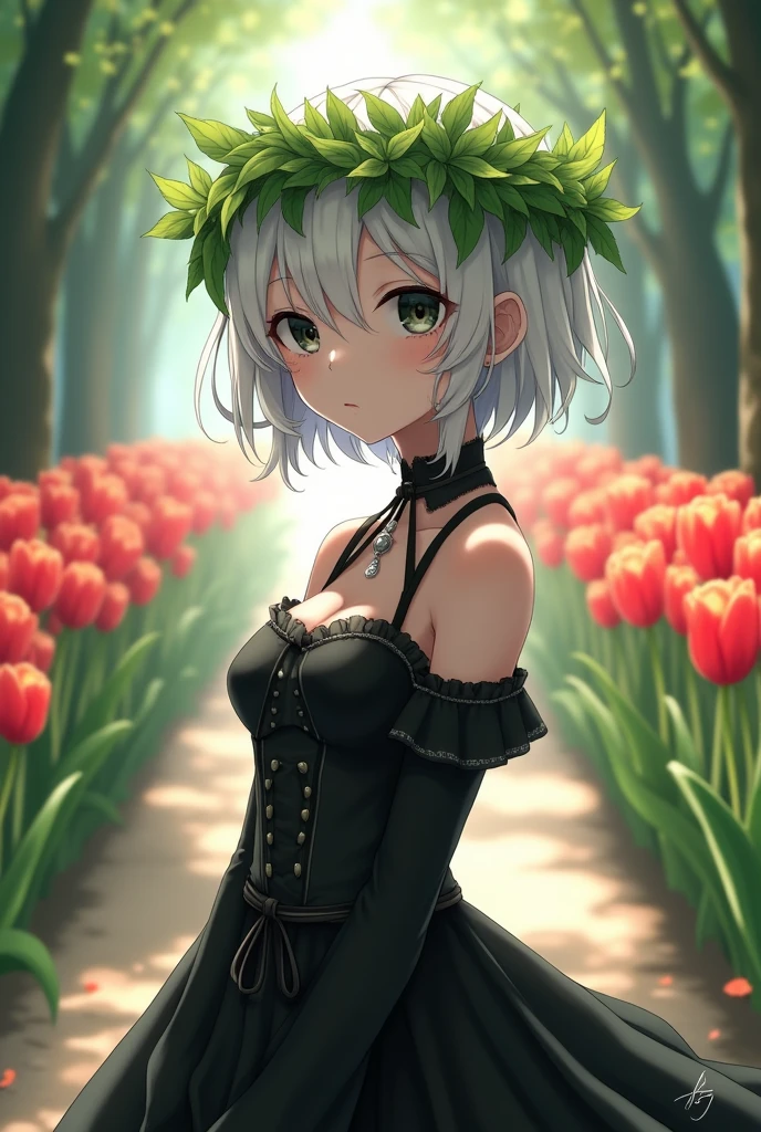 Anime girl with a serious but tender face and black eyes , white skin with short white hair , black clothes like black corset , with a crown of green leaves on her head and a white passage or with tulips.