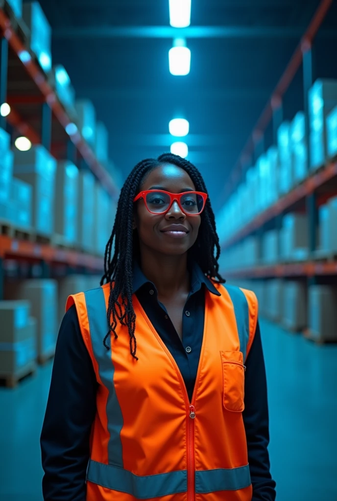 Cover Concept:
setting: a black woman wearing an amazon area manager vest, operations manager, leading a group through a detailed scenario, setting is a large warehouse, blue lighting, red glasses
convey strength and leadership.