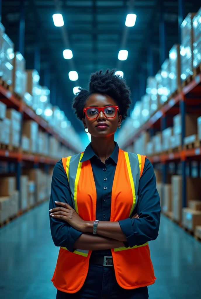 Cover Concept:
setting: a black woman wearing an amazon area manager vest, operations manager, leading a group through a detailed scenario, setting is a large warehouse, blue lighting, red glasses
convey strength and leadership.