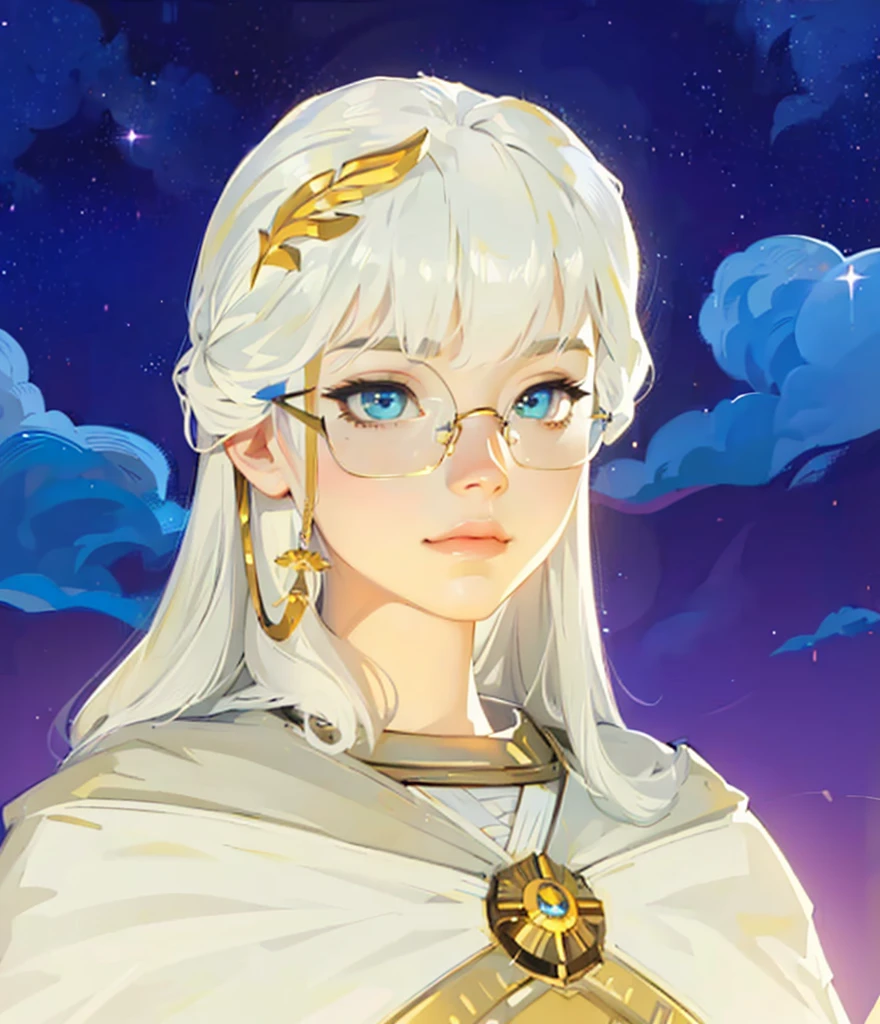 ((Best Quality, 8K, Masterpiece: 1.3)), best quality, ultra high res, texture, hyper realistic, masterpiece, detailed texture, detailed face, detailed skin, detailed lighting, (photorealistic:1.5), best quality, beautiful lighting, cinematic lighting, professional lighting, ultra highres, realistic, anime girl with white hair and glasses holding a fan, portrait knights of zodiac girl, the goddess artemis smirking, portrait of a female mage, golden circlet, beautiful celestial mage, white haired deity, sky witch, crisp clear rpg portrait, genshin impact character, white hime cut hairstyle, npc with a saint's halo, astral witch clothes
