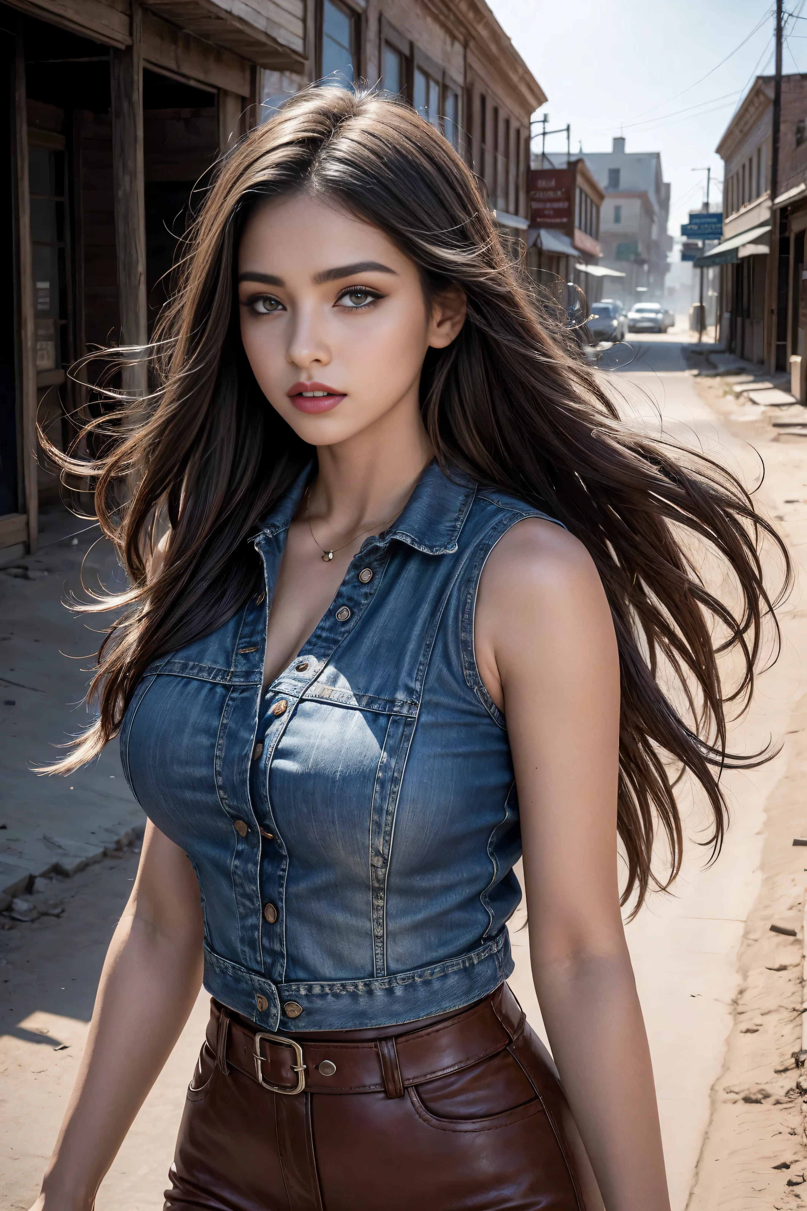 Woman in denim circa 1880s, Brown long straight hair, Brown eyes, High arched eyebrows, Slender and graceful neck, Red lips, Large Breasts, Brown Leather Leggings, Sleeveless Brown Leather Vest, Leather Boots, Walking on the dusty sandy streets of a deserted North American town,The wind blew through her hair, Practical, photoPractical, photoPractical, Fear, Dark atmosphere and dramatic lighting, Deep Red, Foggy environment, Detailed facial expressions, Heavy fog