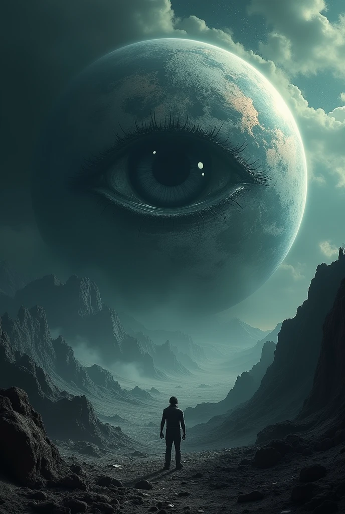Make planet earth in the solar system with half of the planet destroyed apocalypse style while there is a black eye watching , This is full of dark darkness 