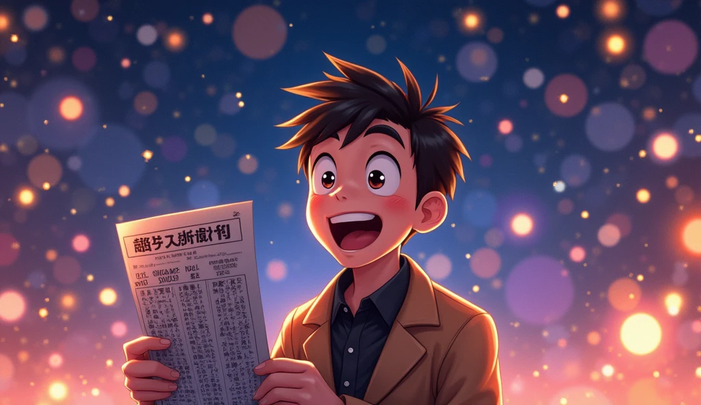 Taro is surprised to see his lottery winning notice。His expression is delighted、The background features shining stars and lights.、There is an atmosphere of joy exploding.。