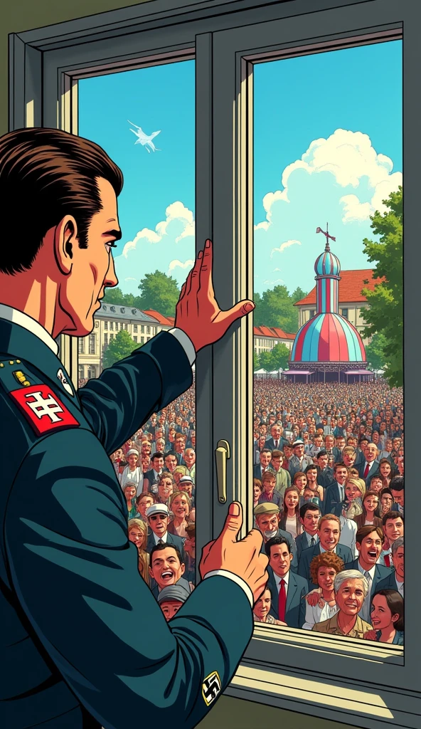 I want an image of a Nazi soldier closing a window where a festival can be seen, by day and in comic style