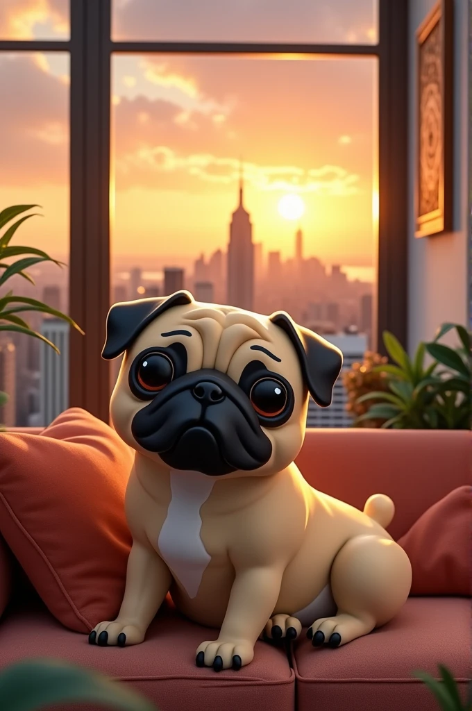 Funko pop of a fat pug dog. fund: penthouse apartment.
