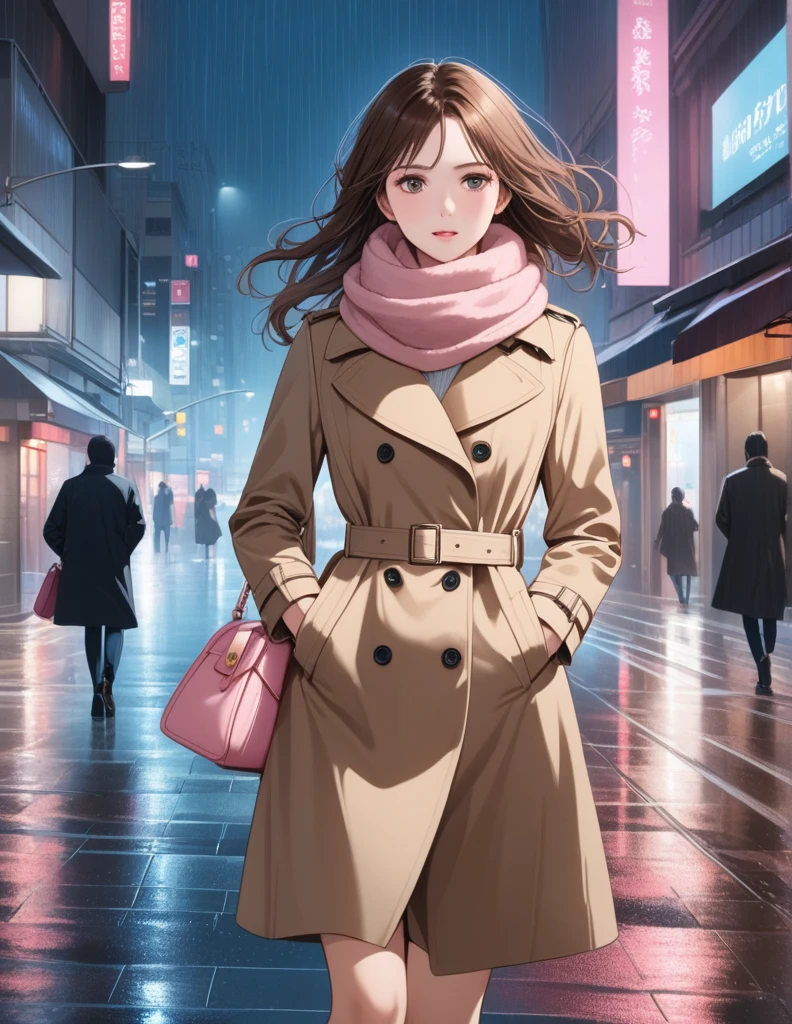 Masterpiece, hd, 1girl with long brown hair wearing a fully buttoned up closed and beige belted buckle knee-length trench coat with a tucked up large pink winter wool scarf and white gloves carrying her large pink purse blown by the hard wind at the hard rainy night city street full body 8k)