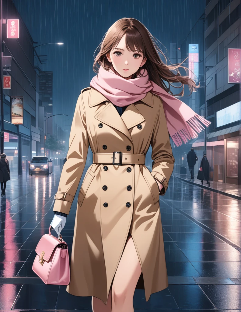 Masterpiece, hd, 1girl with long brown hair wearing a fully buttoned up closed and beige belted buckle knee-length trench coat with a tucked up large pink winter wool scarf and white gloves carrying her large pink purse blown by the hard wind at the hard rainy night city street full body 8k)