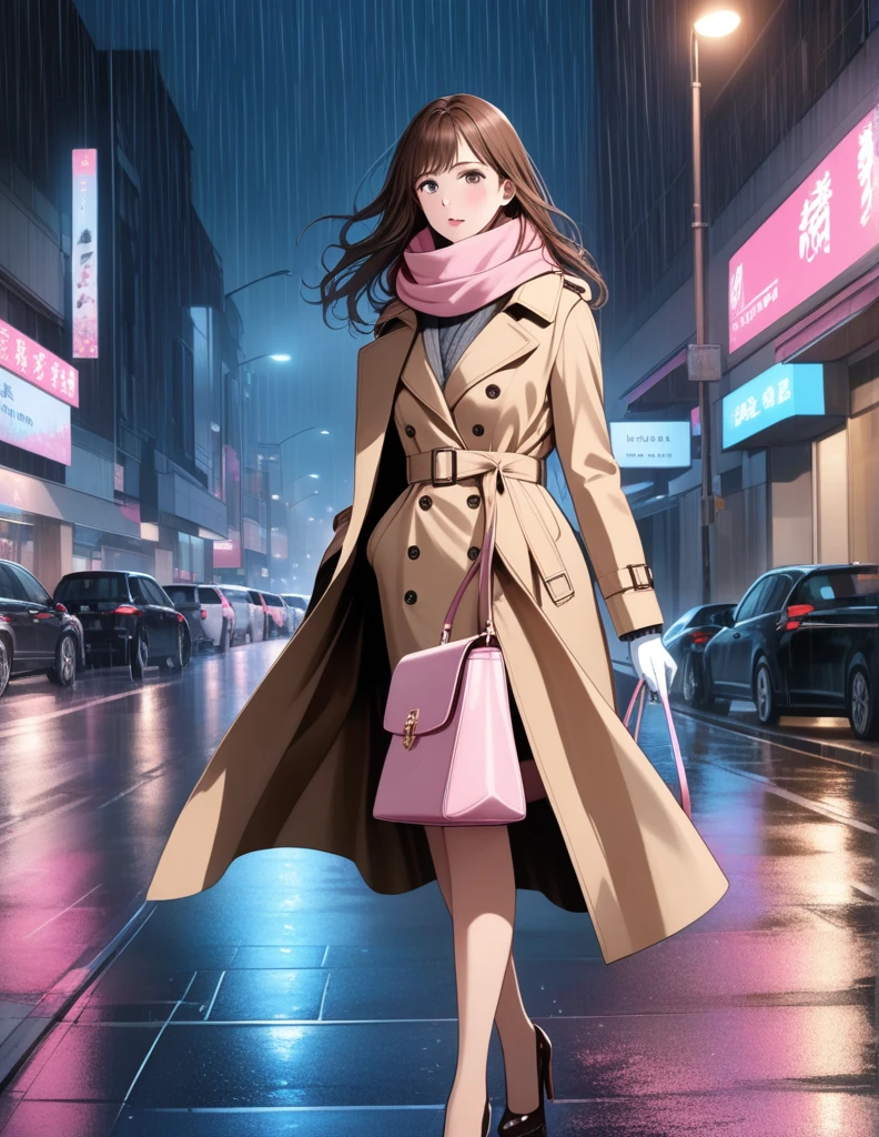 Masterpiece, hd, 1girl with long brown hair wearing a fully buttoned up closed and beige belted buckle knee-length trench coat with a tucked up large pink winter wool scarf and white gloves carrying her large pink purse blown by the hard wind at the hard rainy night city street full body 8k)
