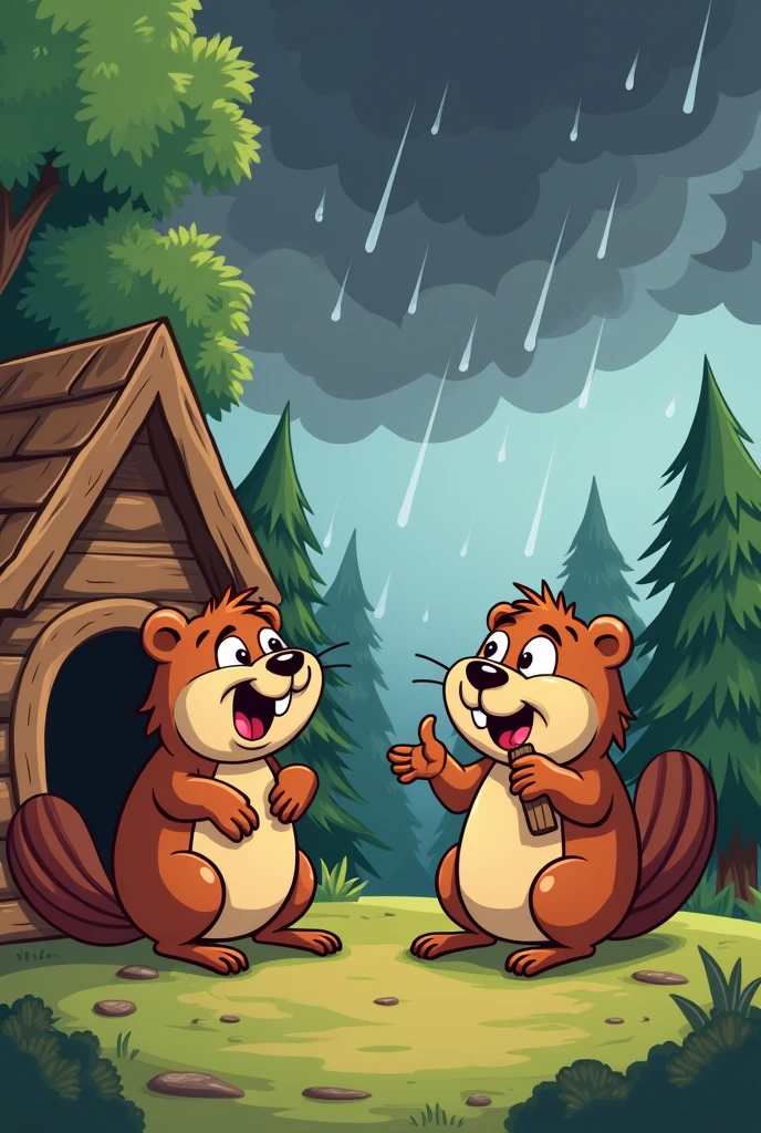 Make me a couple of beavers, one warning him to go inside the house because of the approaching storm and the other ignoring him with a cartoon drawing.