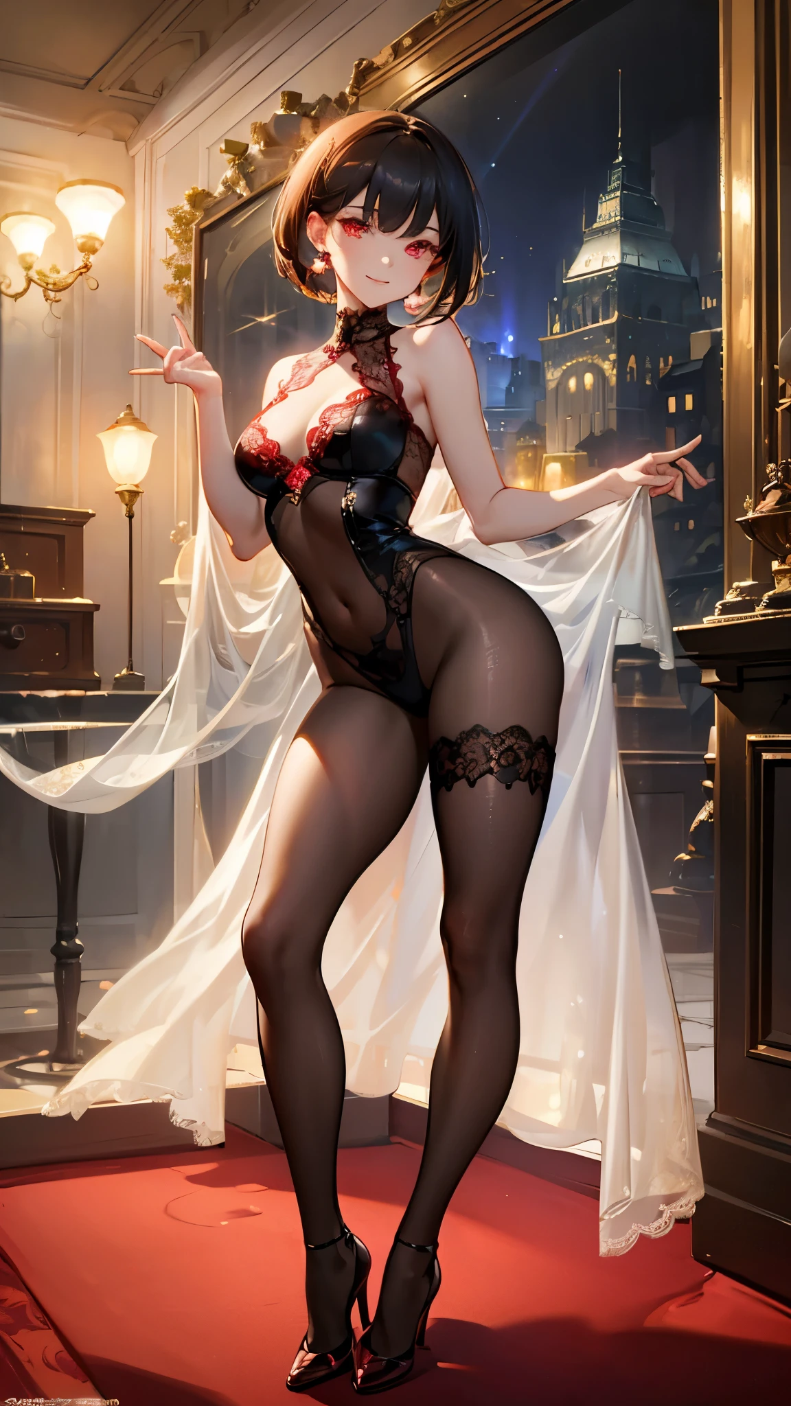 ((masterpiece, best quality)), Delicate face,Idol singer,City,earphone,Girl Group,whole body,Standing picture,Smile,Perfect body proportions,Long legs,Short hair handsome,Beautiful red glowing eyes,Extremely beautiful,transparent,Fun,sexly,Tattoo,Lace,Fishnet stockings,Star decoration