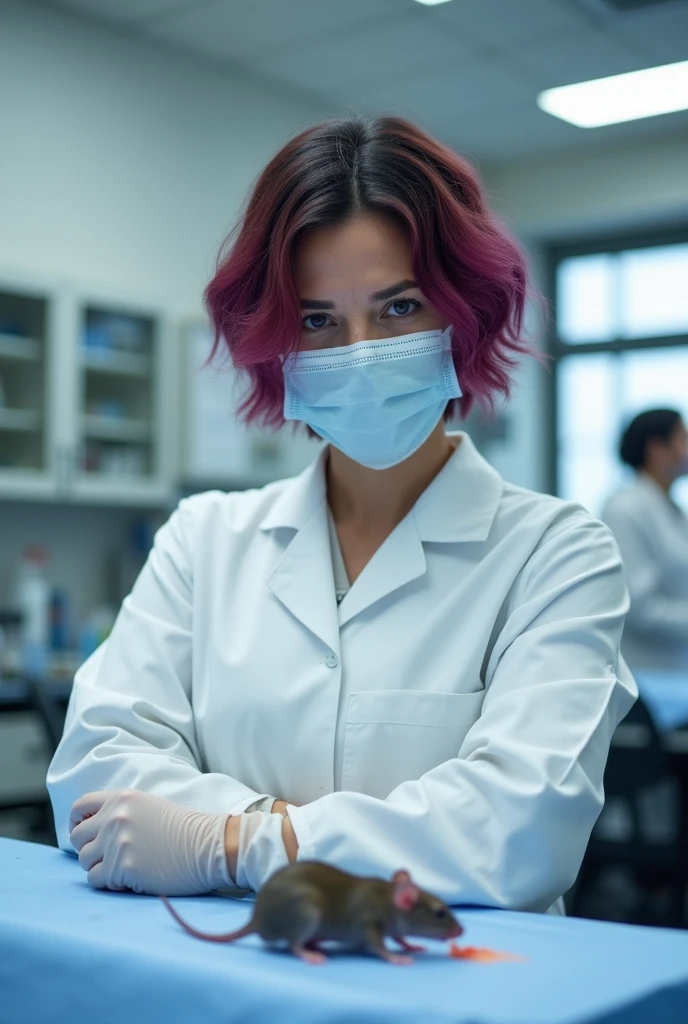 an anime character: A woman with slightly fair skin and brown eyes. Her hair is short with black roots and the rest of her hair is reddish purple with bangs and a layered cut.. She wears a lab coat and a mask on the operating table operating on a mouse..
