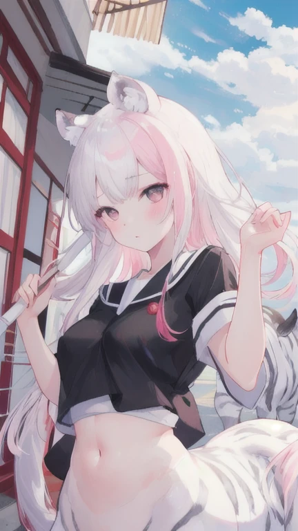 (best quality, masterpiece), 1 girl, centaur, I beg, White skin, Japanese schoolgirl, daughter, black pink, exposing the abdomen, belly button t-shirt , beautiful girl perfect, White tiger photo, 완벽한 White tiger photo