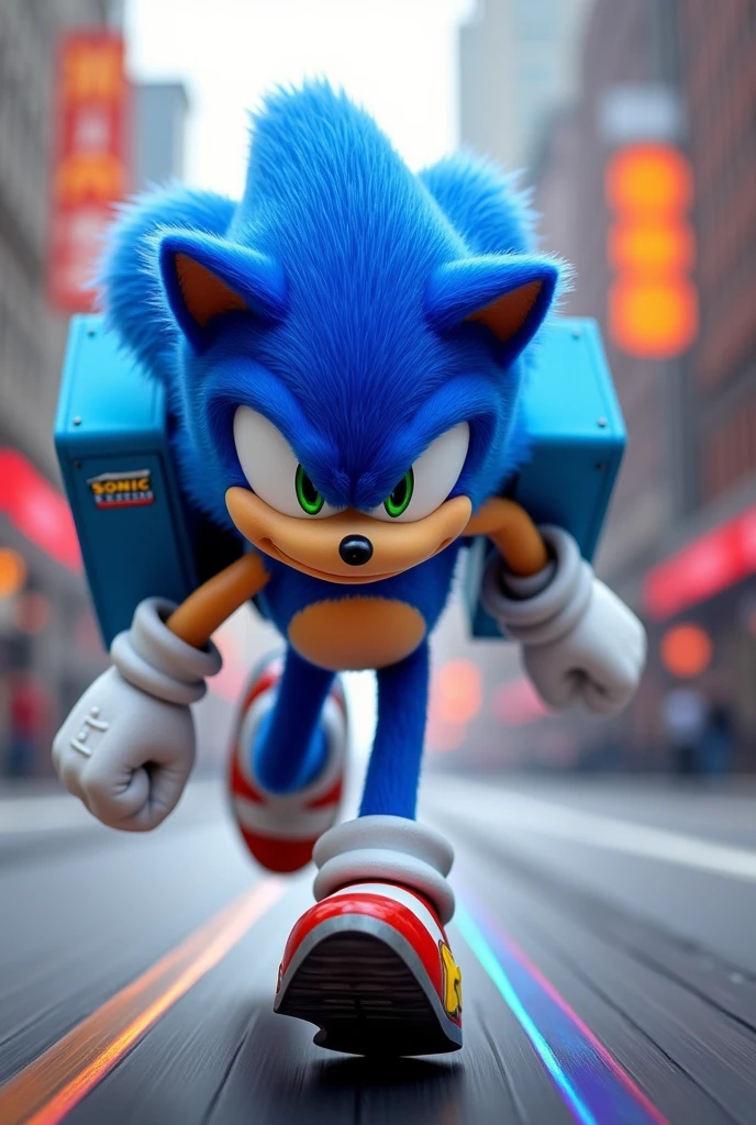 Sonic con una mochila celeste de delivery que diga Sonic Express