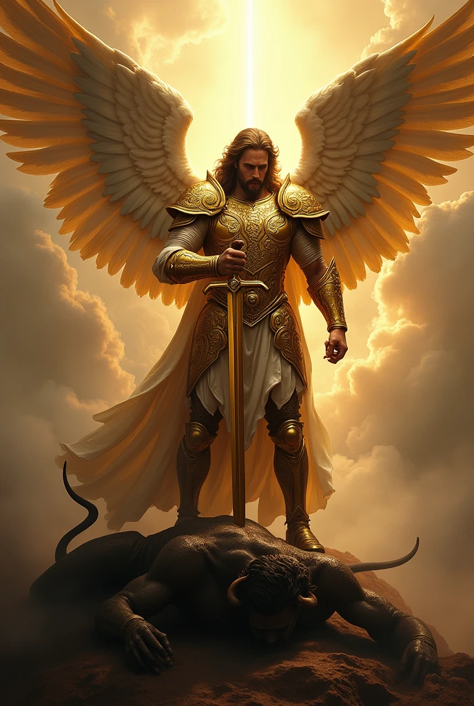 Make an arrangement of Michael with gold-plated armor with a golden sword thrust into the devil&#39;s heart 