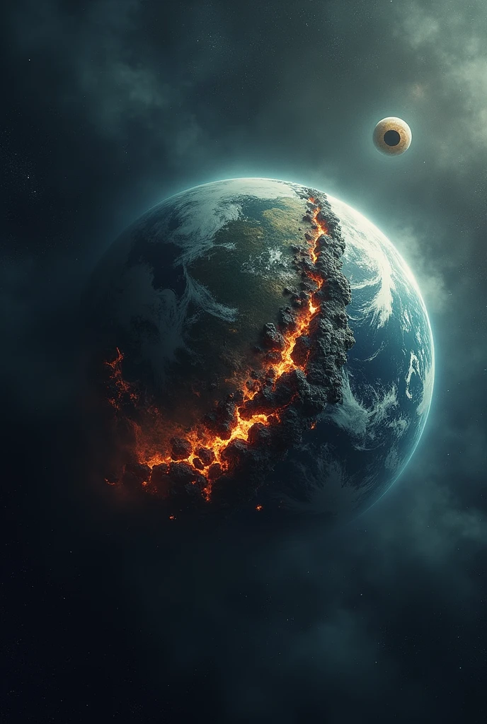 Make planet earth in the solar system with half of the planet destroyed apocalypse style, and above the planet there is a black eye watching , This is full of dark darkness 