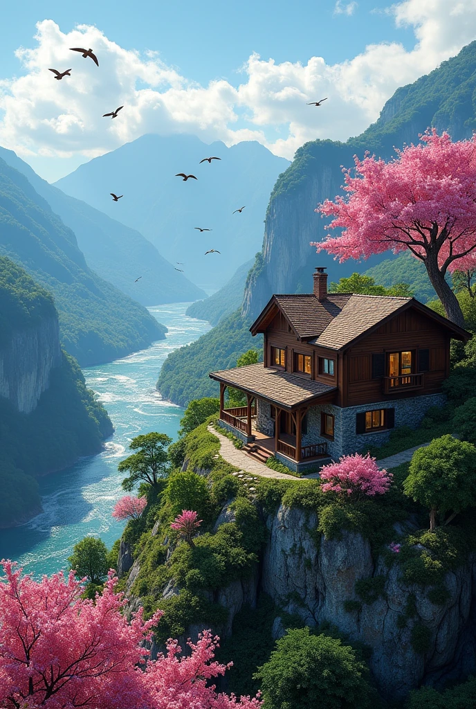 Beautiful house on a mountain a distant river birds flying a pink ipê