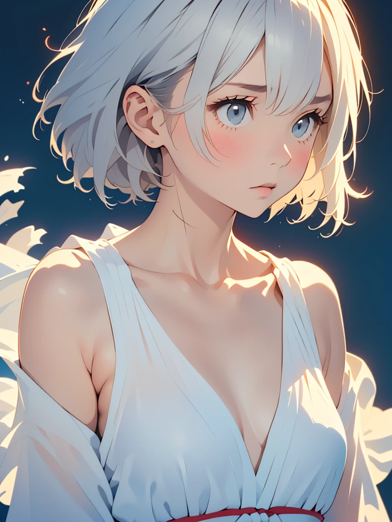 (Image from chest up:1.4)((masterpiece:1.5,Highest quality,Beautiful images、2.5D、Abstract、Artistic、Portraiture))(One girl, solo)(Cute Girls、large breasts, Gray Hair、short hair、Beautiful breasts、Off-the-shoulder outfit)(profile、Look at an angle、shake your head、Sad look, Floating Hair、Backlight)(Plain background:1.5)((Dynamic Angle:1.5)),See-through gown
