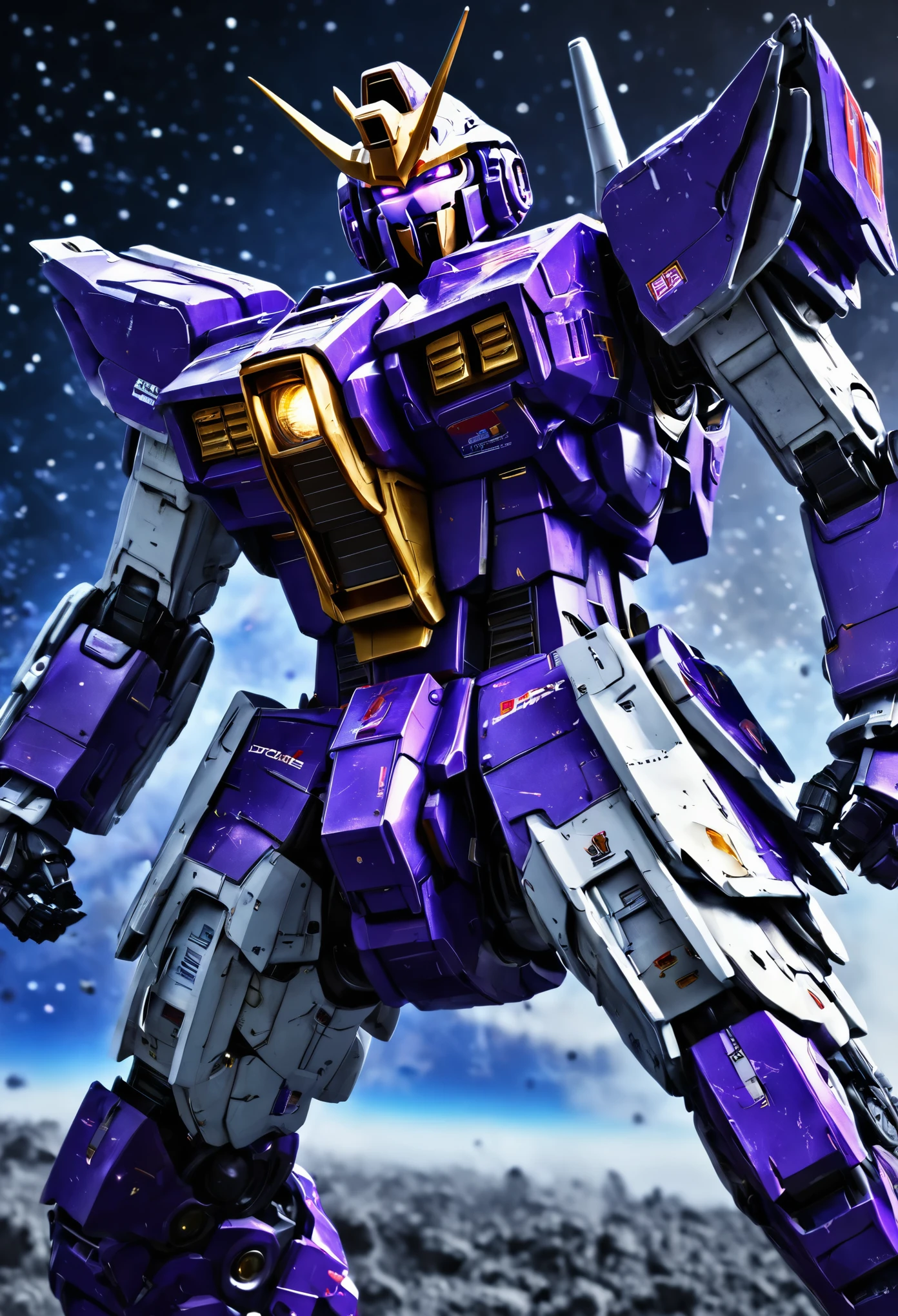 a violet gundam robot, samurai styling, staring up, low angle, lunar surface, raging battle in space, best quality, 8k, highres, masterpiece, ultra-detailed, realistic, photorealistic, HDR, UHD, studio lighting, ultra-fine painting, sharp focus, physically-based rendering, extreme detail description, professional, vivid colors, bokeh, mecha, science fiction, dramatic lighting, cinematic, powerful, striking pose, dynamic action, epic scale