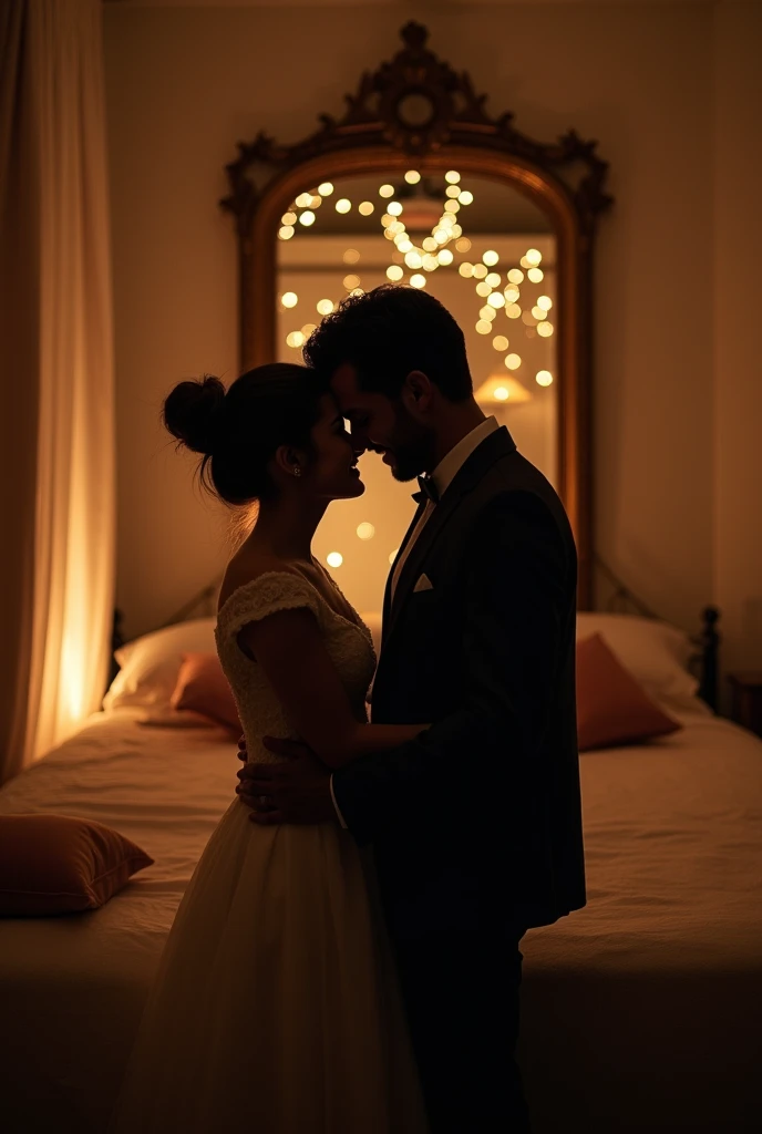 Couple in the room taking a photo in the mirror without showing their faces