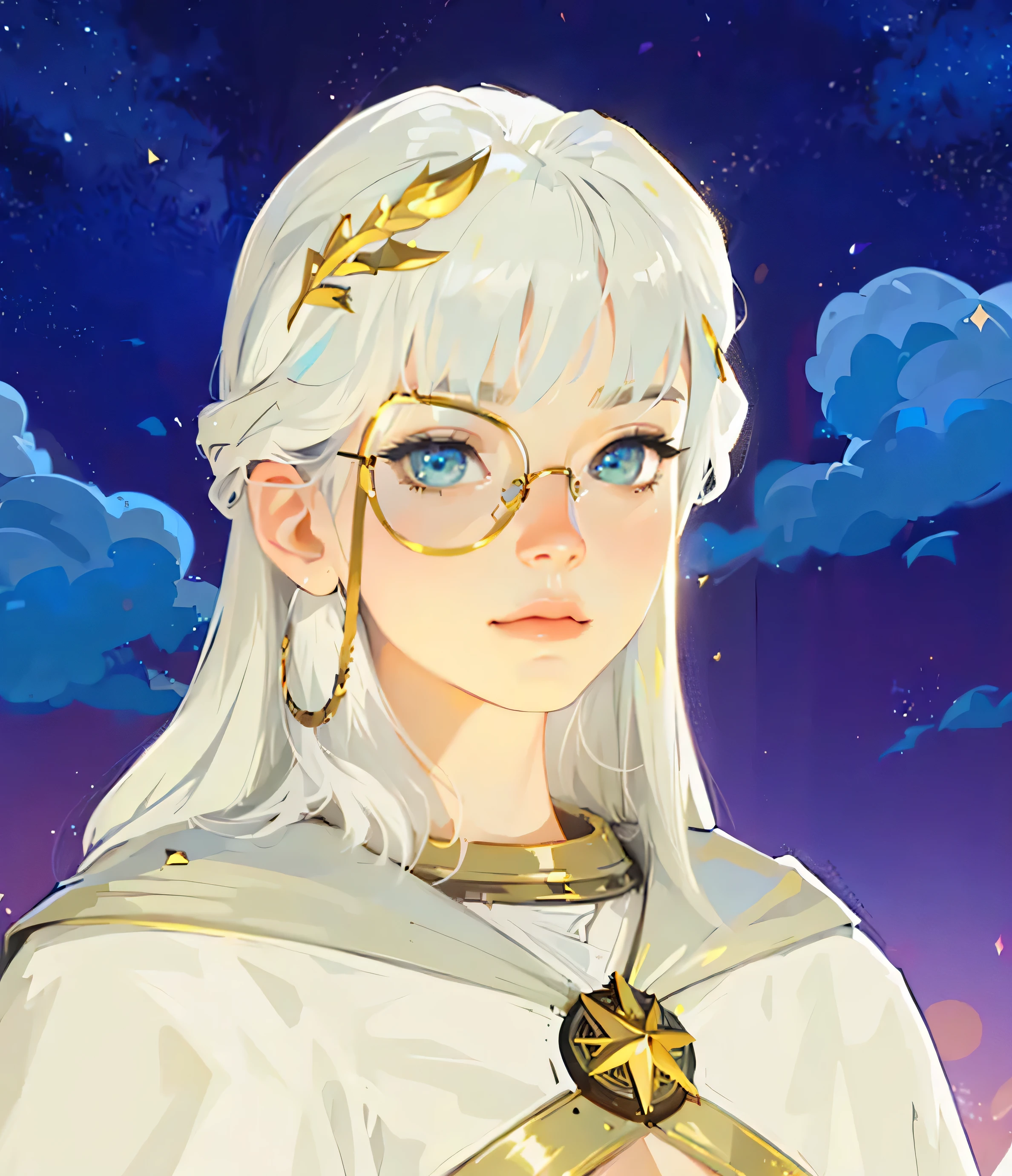 ((Best Quality, 8K, Masterpiece: 1.3)), best quality, ultra high res, texture, hyper realistic, masterpiece, detailed texture, detailed face, detailed skin, detailed lighting, (photorealistic:1.5), best quality, beautiful lighting, cinematic lighting, professional lighting, ultra highres, realistic, anime girl with white hair and glasses holding a fan, portrait knights of zodiac girl, the goddess artemis smirking, portrait of a female mage, golden circlet, beautiful celestial mage, white haired deity, sky witch, crisp clear rpg portrait, genshin impact character, white hime cut hairstyle, npc with a saint's halo, astral witch clothes