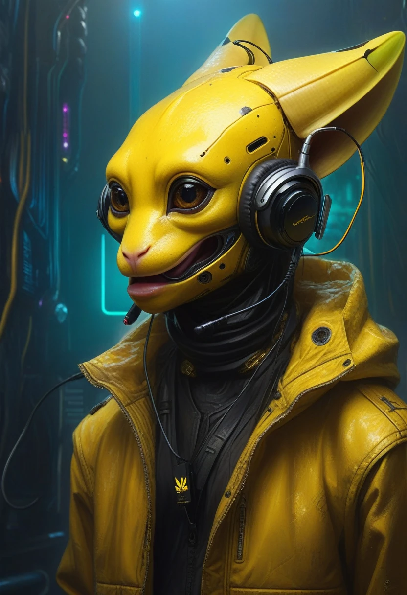 a banana like cybernetic robot with and headphones, cyberpunk bee, wojtek fus, portrait of a humanoid alien, humanoid animal, cyberpunk pikachu, art alien, cyberpunk frog, humanoid creature, humanoid portrait, wadim kashin. ultra realistic, cyberpunk mouse folk engineer, alien musician, 8 0's style tomasz alen kopera