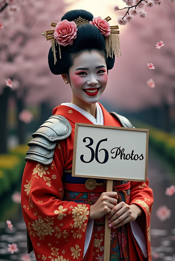 a geisha warrior,Grinning, holding a written sign: 36 Photos, written at the bottom :SexIA