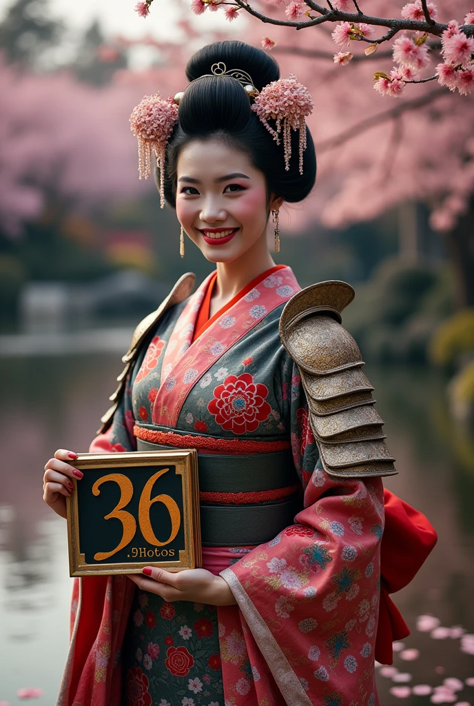 a geisha warrior,Grinning, holding a written sign: 36 Photos, written at the bottom :SexIA