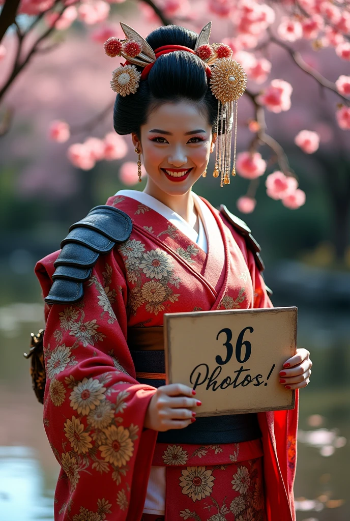 a geisha warrior,Grinning, holding a written sign: 36 Photos, written at the bottom :SexIA