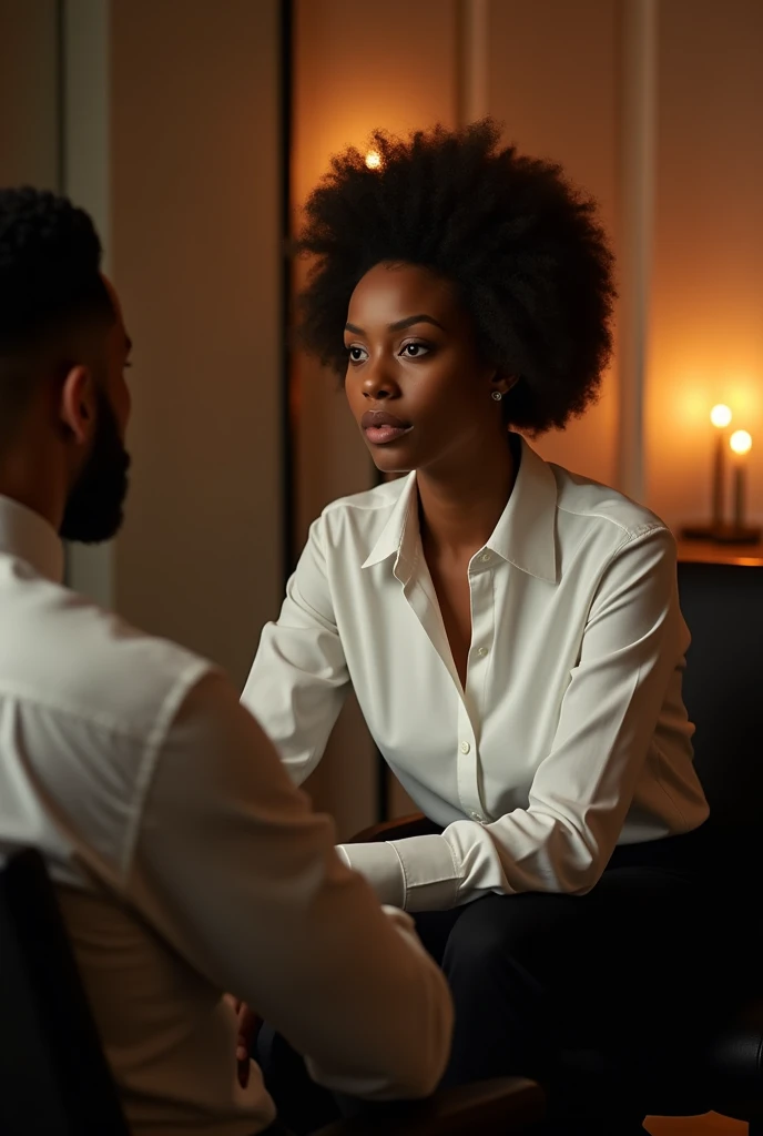 Belle jeune noire habillée en chemise dans bureau lumière feutrée en face d’elle un peu distant décor avec bougie homme blanc assis bien habillé en pantalon noir chemise