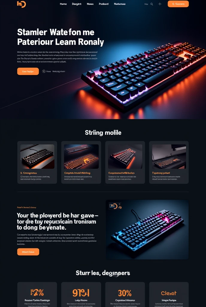 Designing a compelling landing page for a lead generation campaign focusing on keyboards requires a mix of persuasive copy, stunning visuals, and a user-friendly form to capture leads. Here's a breakdown of how to structure the landing page: Landing Page Structure Hero Section Background Image: A high-quality image of a beautiful, premium keyboard, preferably in a dark theme that aligns with the overall site style. Headline: "Unleash Your Typing Potential with Our Premium Keyboards" Subheadline: "Discover the ultimate typing experience with our range of high-performance keyboards designed for professionals and enthusiasts alike." Lead Capture Form: Fields: Name, Email, Interested Brand/Model, How did you hear about us? Call-to-Action (CTA): "Get Exclusive Deals Now" Form Design: Minimalist, with white fields and orange accents to stand out on a dark background. Product Showcase Carousel or Grid Display: Featuring images of various keyboard models from different brands. Descriptions: Each keyboard image is accompanied by a brief description highlighting key features, such as mechanical switches, RGB lighting, or ergonomic design. Price Display: Clearly show product prices, emphasizing any discounts or special offers. CTA Buttons: "Buy Now" or "Learn More" buttons under each product image. Why Choose Us? Key Benefits Section: Highlight the unique selling points of the keyboards, such as "Top-tier mechanical switches," "Customizable lighting," and "Unmatched durability." Include icons and short text for visual appeal. Professional Marketing Analysis: A short paragraph on how our products are preferred by professionals and are designed with user experience and performance in mind. Customer Reviews & Ratings User Testimonials: Showcase 3-4 customer reviews with ratings (stars). Review Design: Reviews should be in white text on a dark background, with orange stars to maintain the color scheme. Customer Images: Include small profile pictures of reviewers to add authen