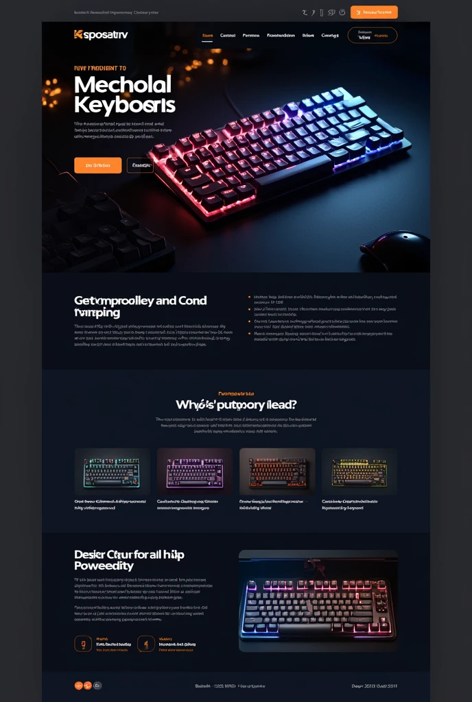 Designing a compelling landing page for a lead generation campaign focusing on keyboards requires a mix of persuasive copy, stunning visuals, and a user-friendly form to capture leads. Here's a breakdown of how to structure the landing page: Landing Page Structure Hero Section Background Image: A high-quality image of a beautiful, premium keyboard, preferably in a dark theme that aligns with the overall site style. Headline: "Unleash Your Typing Potential with Our Premium Keyboards" Subheadline: "Discover the ultimate typing experience with our range of high-performance keyboards designed for professionals and enthusiasts alike." Lead Capture Form: Fields: Name, Email, Interested Brand/Model, How did you hear about us? Call-to-Action (CTA): "Get Exclusive Deals Now" Form Design: Minimalist, with white fields and orange accents to stand out on a dark background. Product Showcase Carousel or Grid Display: Featuring images of various keyboard models from different brands. Descriptions: Each keyboard image is accompanied by a brief description highlighting key features, such as mechanical switches, RGB lighting, or ergonomic design. Price Display: Clearly show product prices, emphasizing any discounts or special offers. CTA Buttons: "Buy Now" or "Learn More" buttons under each product image. Why Choose Us? Key Benefits Section: Highlight the unique selling points of the keyboards, such as "Top-tier mechanical switches," "Customizable lighting," and "Unmatched durability." Include icons and short text for visual appeal. Professional Marketing Analysis: A short paragraph on how our products are preferred by professionals and are designed with user experience and performance in mind. Customer Reviews & Ratings User Testimonials: Showcase 3-4 customer reviews with ratings (stars). Review Design: Reviews should be in white text on a dark background, with orange stars to maintain the color scheme. Customer Images: Include small profile pictures of reviewers to add authen