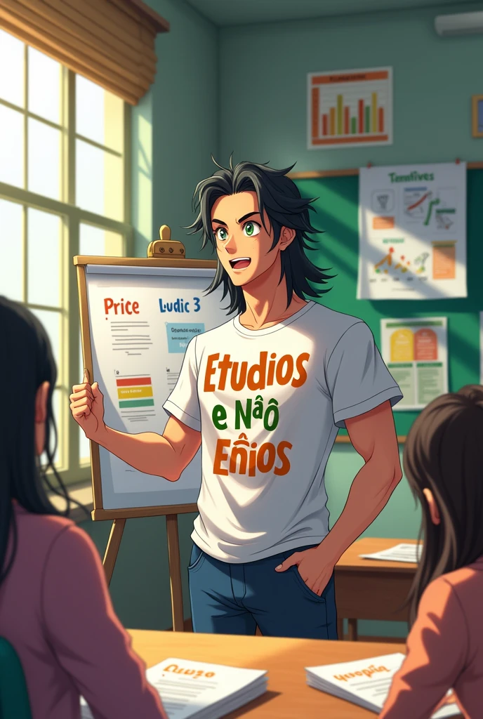 Make a male anime character teaching on a profile board with a t-shirt that says Aghamenon Toberlock Studies in Portuguese is Studies and not Studies