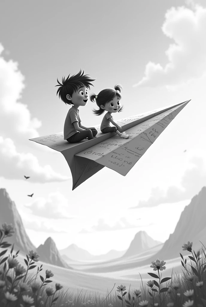 Black and white animated image to color of a paper airplane with letters with a boy and a girl on it