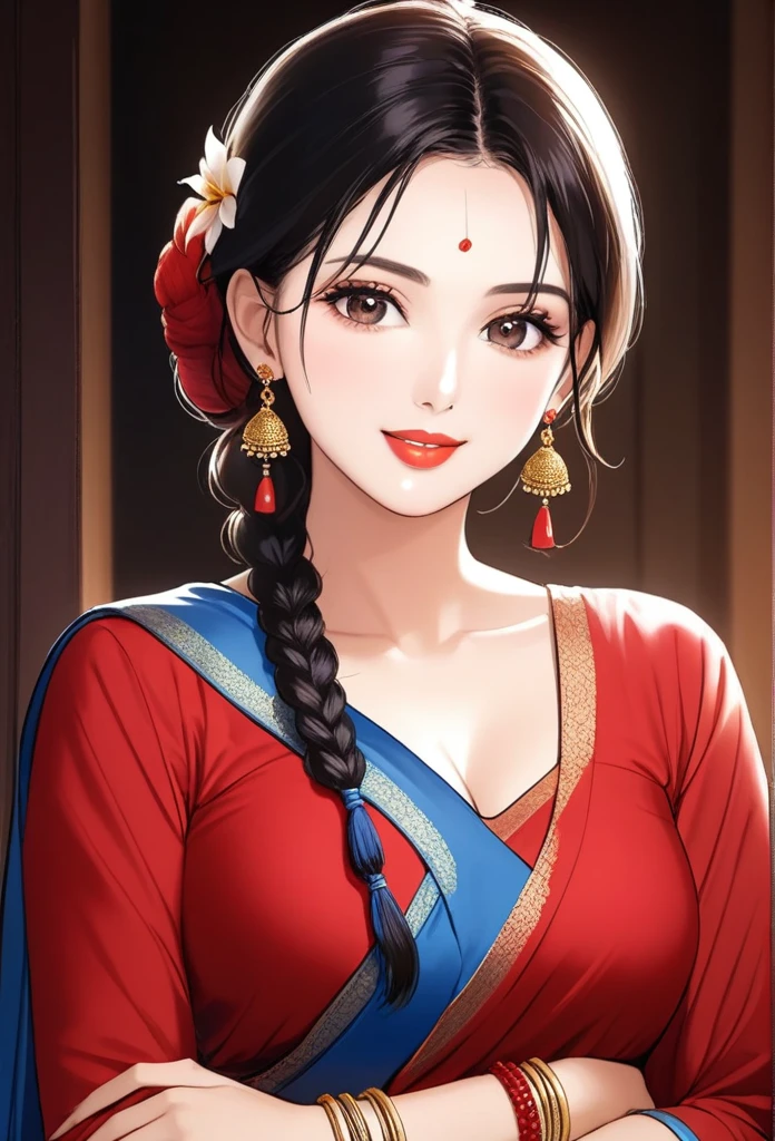 ((1woman, mature,single hair braid,saree, big long  jhumka earrings , detailed alluring eyes, smooth detailed lips, beautiful face, smiling ,red lipstick ,navel,bangles,blue ribbon,full sleeve blouse,