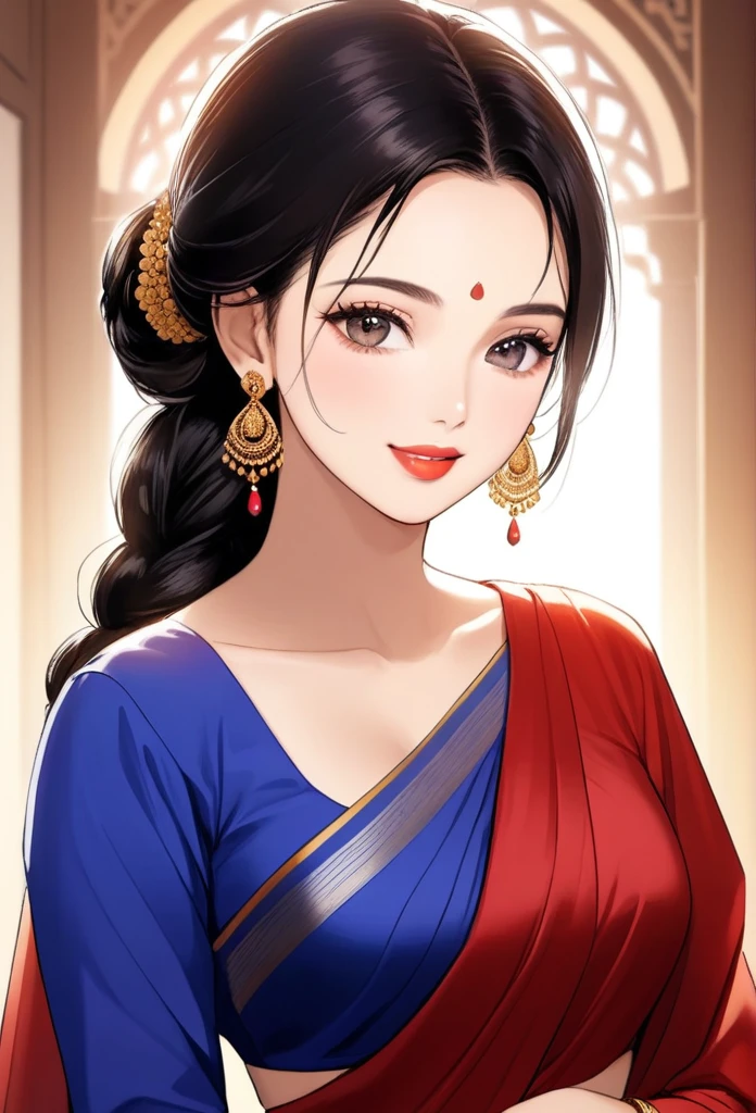 ((1woman, mature,single hair braid,saree, big long jhumka earrings , detailed alluring eyes, smooth detailed lips, beautiful face, smiling ,red lipstick ,navel,bangles,blue ribbon,full sleeve blouse,