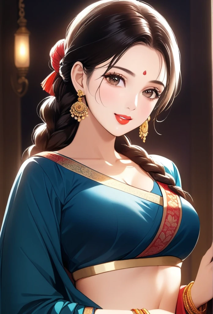 ((1woman, mature,single hair braid,saree, big long  jhumka earrings , detailed alluring eyes, smooth detailed lips, beautiful face, smiling ,red lipstick ,navel,bangles,blue ribbon,full sleeve blouse,