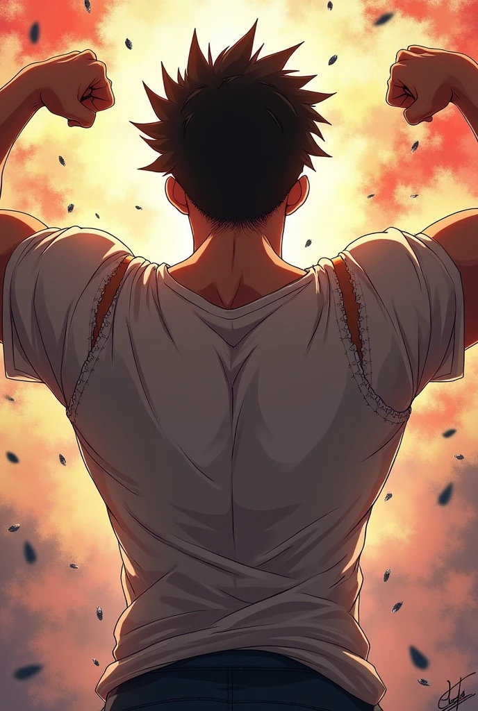 anime style drawing of a strong and powerful boy&#39;s face with his back and arms open with a realistic ripped t-shirt


