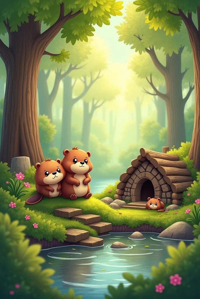 A pair of beavers in the forest watch sadly as their wooden house was destroyed, in a cartoon style
