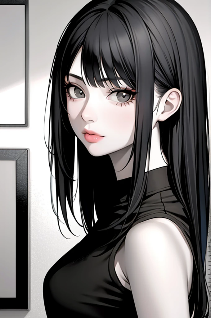 1girl, solo, monochrome, greyscale, short black hair, portrait, T-shirt, closed mouth, looking at viewer, sketch, graphite \(medium\), small lips, hatching \(texture\), without makeup, bangs, upper body, (best illustration), (best quality), (very detailed), (masterpiece),