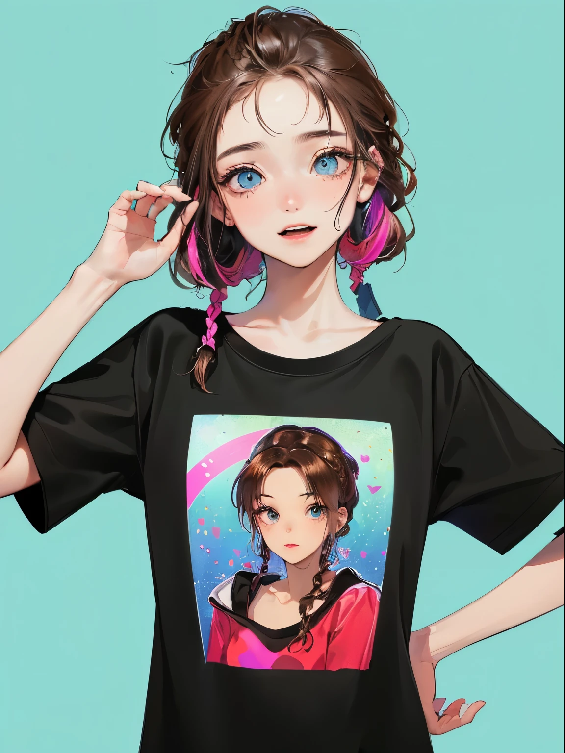 (((One woman)))、(Highest Resolution、clear_image) Highest quality、(((pop)))、1990s、((Colorful background))、((Enlighten))、Very detailed、Semi-realistic、Brown Hair、((compensate)),Braided Hairstyles、Laughter、Bans、20-year-old、young、((T-Shirts))、Delicate facial features、Facial Features、View from below、((Detailed eyes))