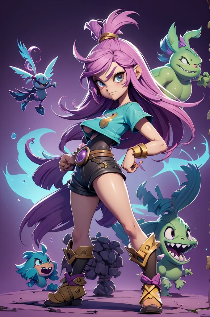 arvore estilo rayman legends, character estilo art rayman legends, girl and boy, corpo inteiro, ESTILO VIKING, acessórios gigantes,giant monster, big breats,Little bunny, (shorts),big breast, ((asymmetric t-shirt)), Monsters around