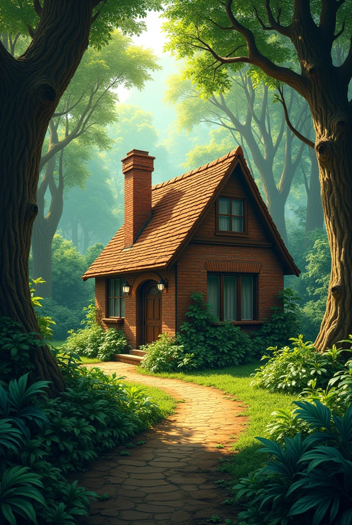 (animation:1.2), simple brick house with chimney in the middle of a jungle with trees, (nature background:1.2), sunlight filtering through the trees, (soft lighting:1.3), (warm and green color scheme:1.3), (highly detailed), (ultra quality:1.3), (masterpiece), (digital art), 8K resolution, HDR, depth of field, (soft shadows), (photorealistic:1.3), (animation:1.2), (by Greg Rutkowski:0.9), (in the style of Alphonse Mucha), trending on ArtStation, award-winning art