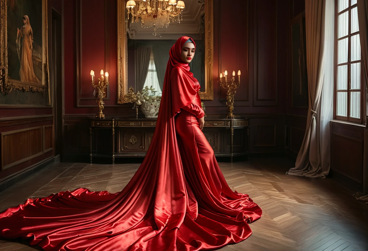 A woman shrouded in a 4-meter-long, plush red satin cloth, tightly bound and grandly draping along the form of her body, flowing off into a pooled floor-length train, styled in a mermaid-inspired outfit, her head modestly veiled in a satin hijab, a full-body pose conveying a sense of mysterious elegance, captured in a 4k resolution, ultra-realistic