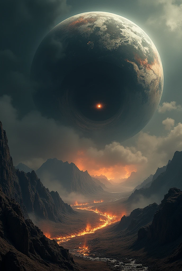 Make planet earth in the solar system with half of the planet destroyed apocalypse style, and above the planet there is a black eye watching , This is full of dark darkness