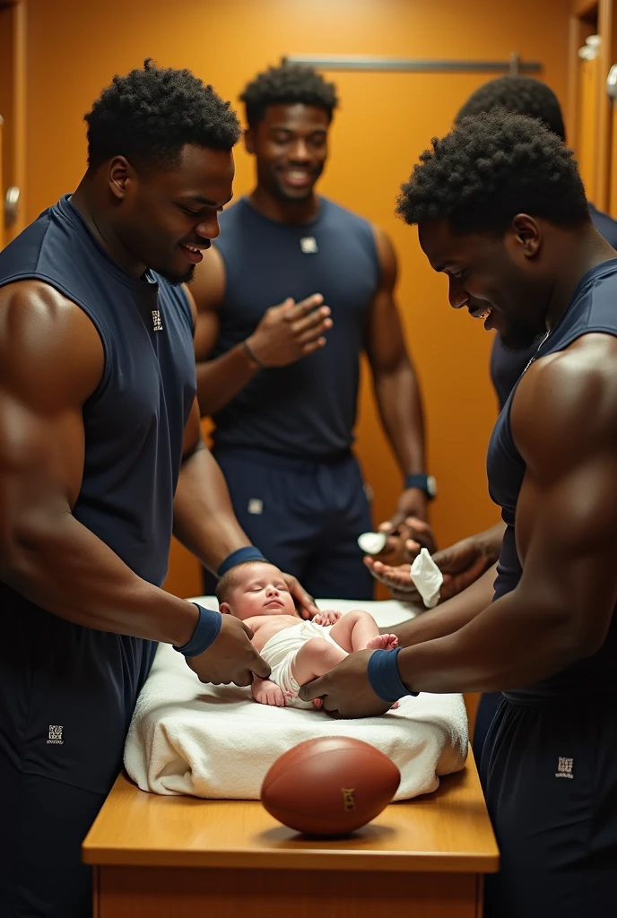 Five strong black football players in the locker room changing a &#39;s diaper covered in white cream. An American football nearby.