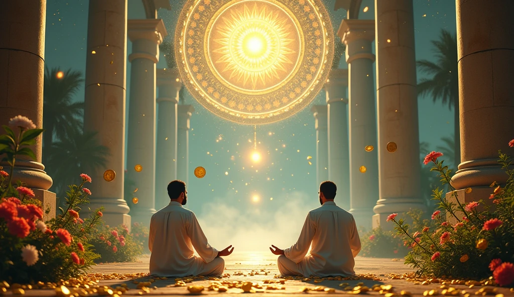 give me 2 Arabs sitting meditating in an astral temple with nature seeing money